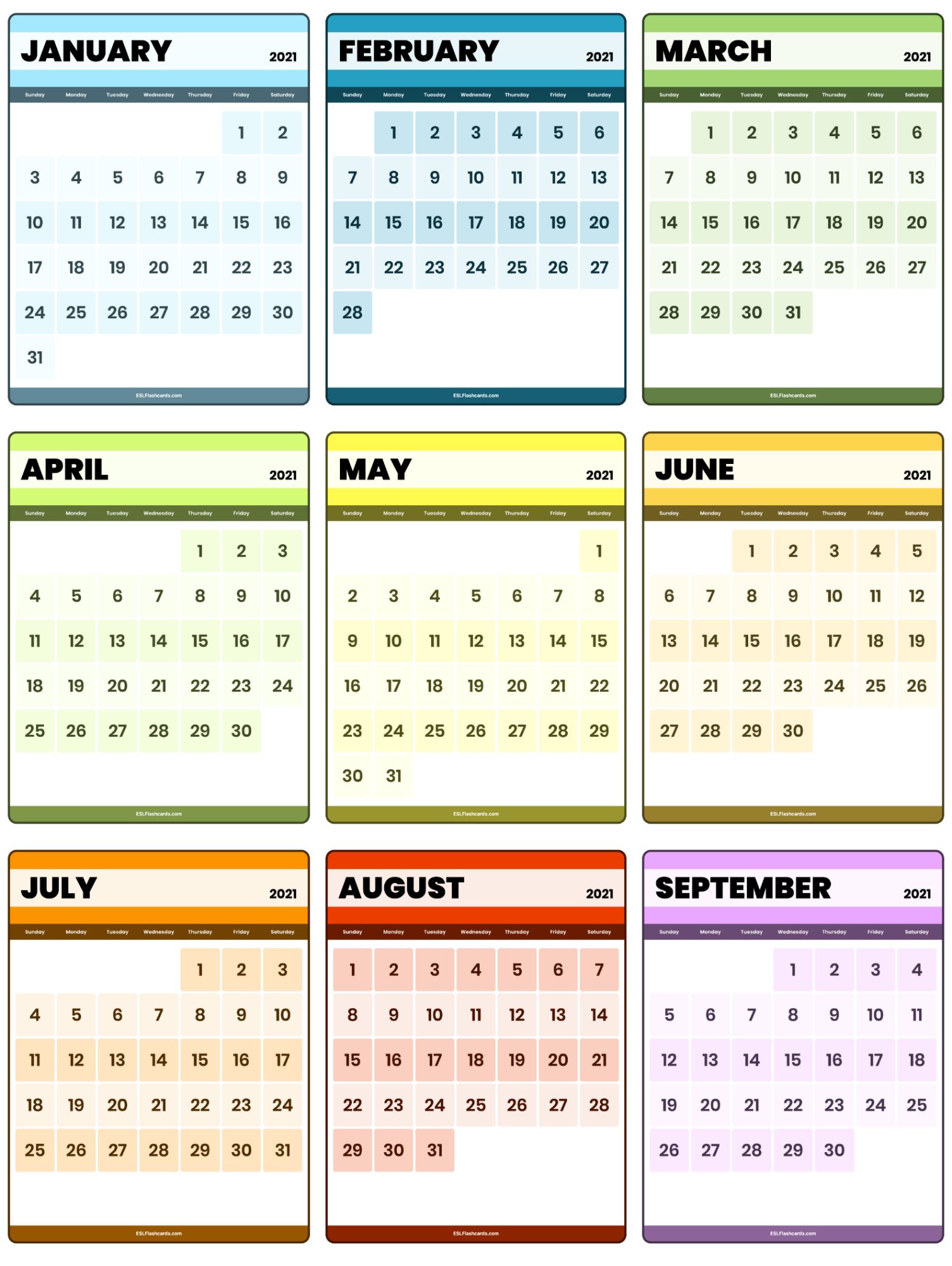 Printable Calendars ESL Flashcards